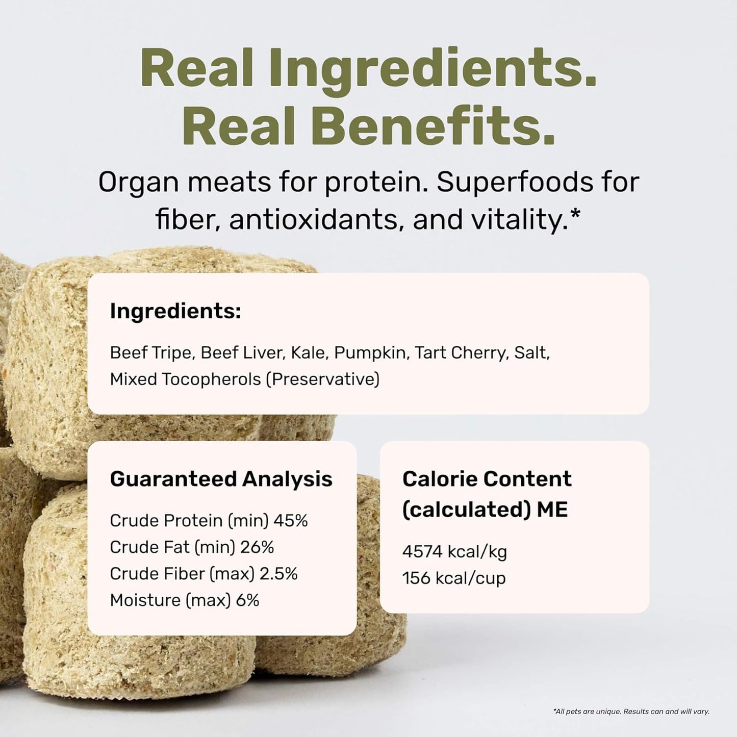 BADLANDS RANCH Superfood Nuggets- Premium, Freeze-Dried raw Dog Food Topper or Treat. Powerful Nutrient-Dense Ingredients. No Artificial additives. Beef Tripe and Kale Formula 8oz - 4pk Bundle
