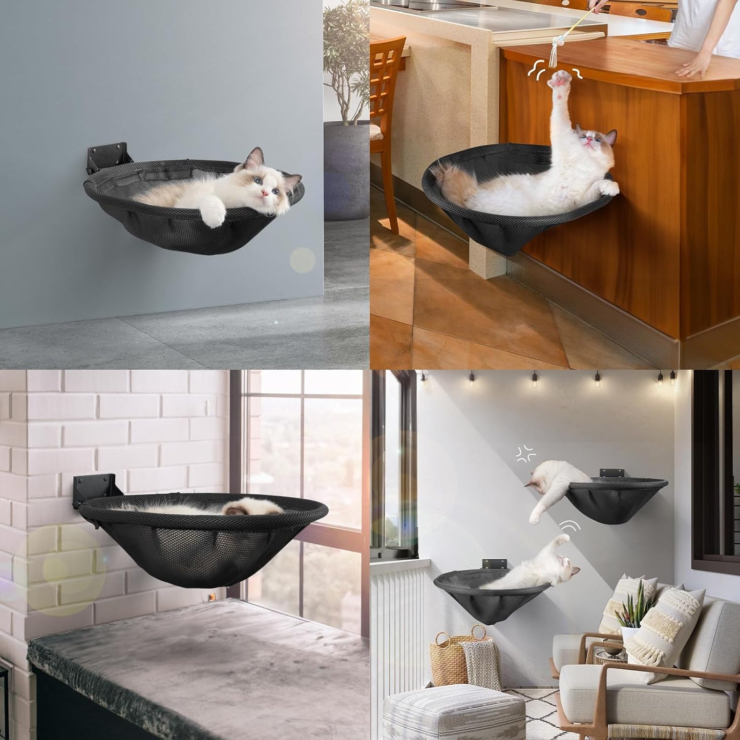 Cat Hammock Wall Mounted, Foldable & Stable Cat Beds- Breathable Cat Wall Shelves for Sleeping, Playing, Climbing, and Lounging - Maximum Hold Up to 30lb (Black)