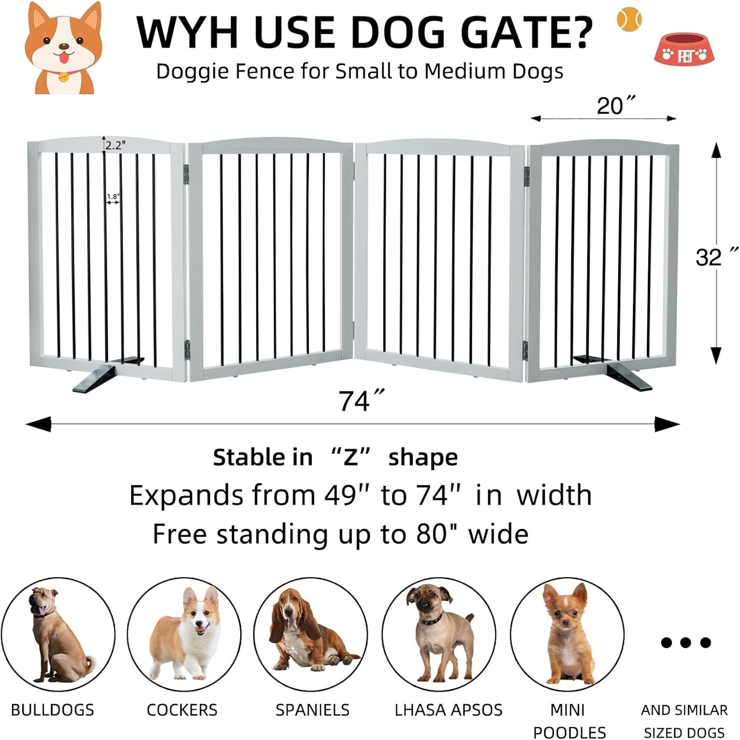 ZJSF Freestanding Panel Gate for Indoor Doorways, Stairs, or Hallways - Foldable White Wooden Dog Gates - Support Feet Included - 32" Height - 4 Panels