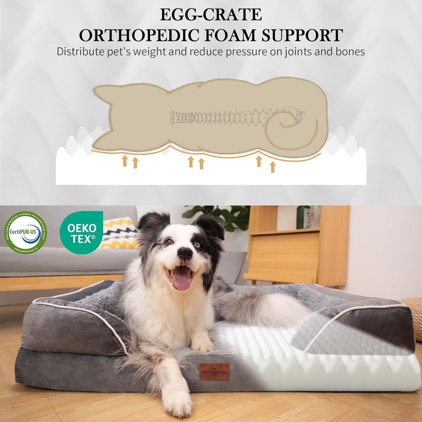 Comfort Expression Large Dog Beds Waterproof Orthopedic Foam Dog Sofa Beds Comfy Pet Bed with Washable Removable Cover & Non-Slip Bottom(Large,Grey)