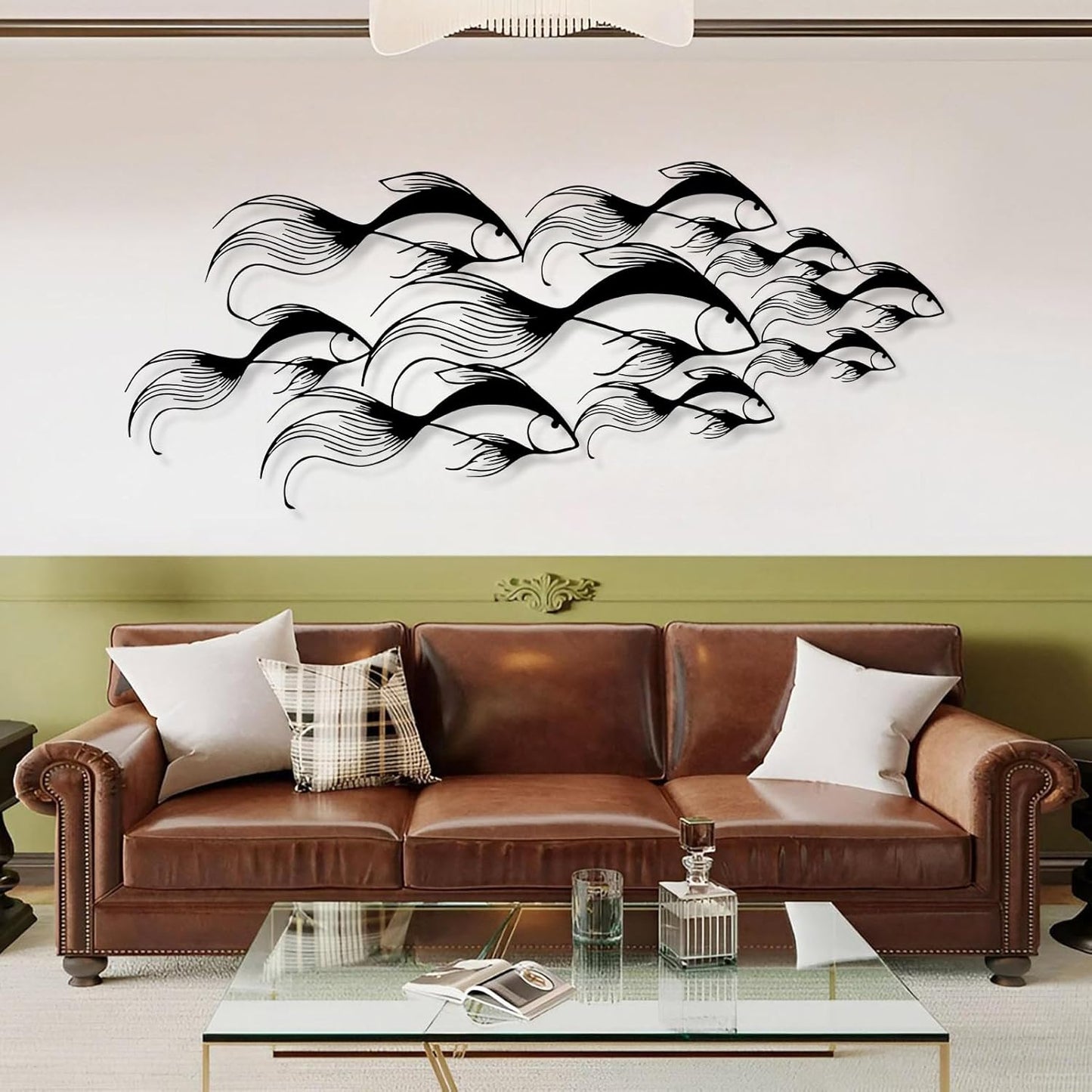 School of Fish Metal Wall Art, Metal Fish Wall Decor, Sea Life Wall Art, Large Nautical Wall Hanging, Modern Beach House Wall Decor, Ocean Themed Artwork for Bathroom (Gold, 30"x12" | 76x32cm)