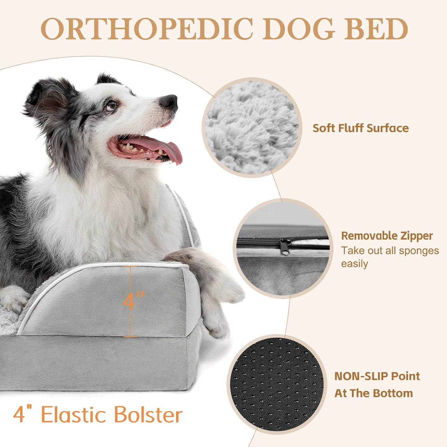 Comfort Expression Large Dog Beds Waterproof Orthopedic Foam Dog Sofa Beds Comfy Pet Bed with Washable Removable Cover & Non-Slip Bottom(Large,Grey White)