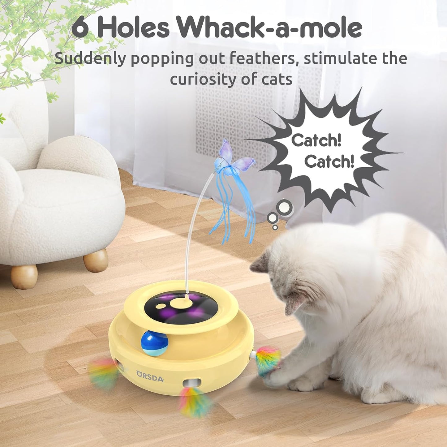 ORSDA Cat Toy, 3-in-1 Automatic Interactive Electronic Moving Ambush Feather, Fluttering Butterfly, Track Balls, USB Rechargeable Powered Smart Indoor Exercise Kicker