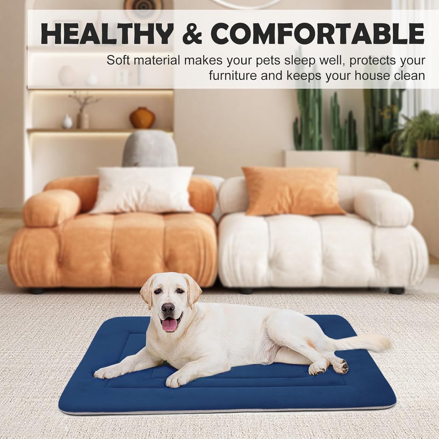 JoicyCo Dog Crate Bed Pad Mat, 36 in Non Slip Bottom Washable for Medium & Large Dogs, Kennel Pad, Dark Blue
