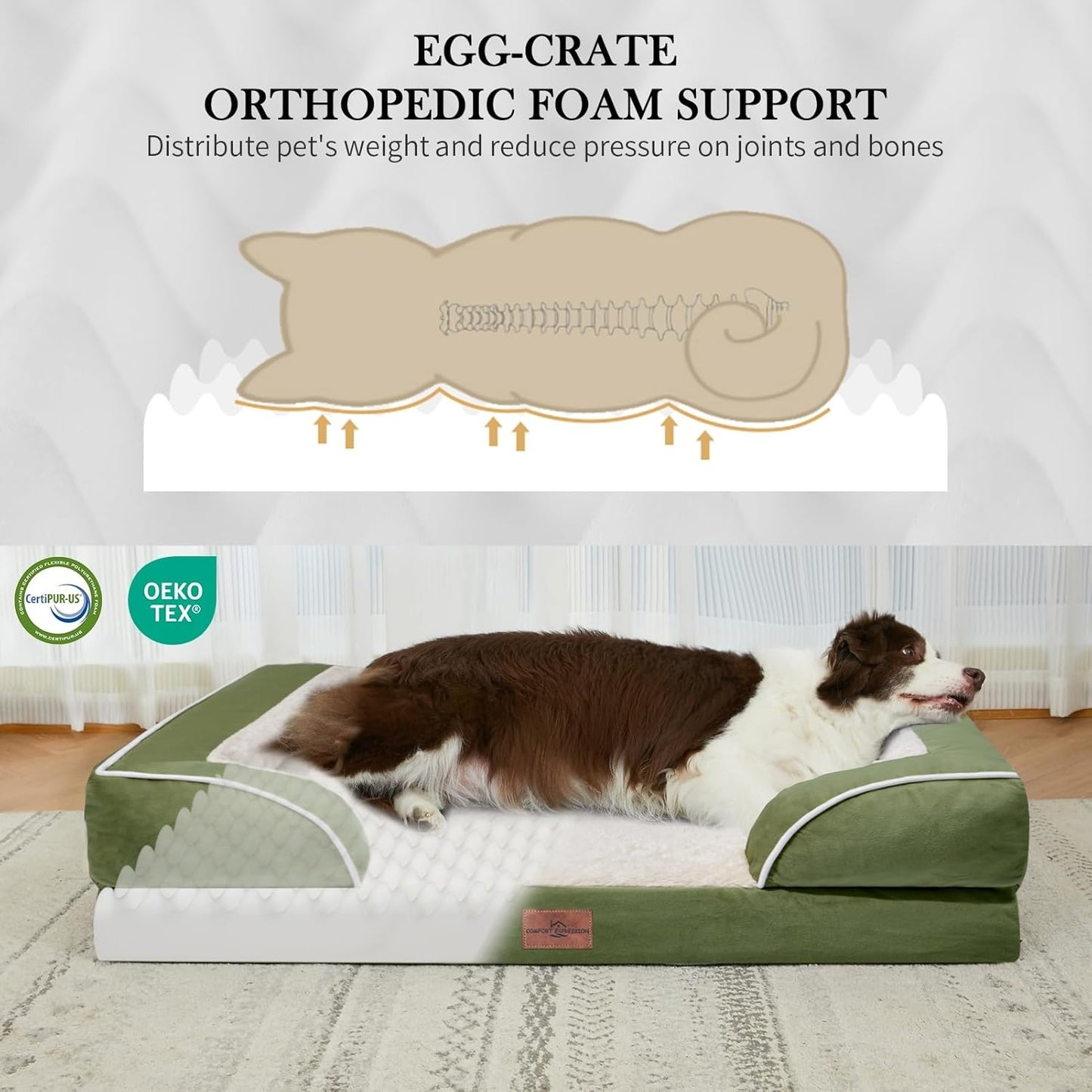 Comfort Expression Medium Dog Beds Waterproof Orthopedic Foam Dog Sofa Beds for Medium Large Dogs Comfy Pet Bed with Washable Removable Cover & Non-Slip Bottom(Medium,Light Green)