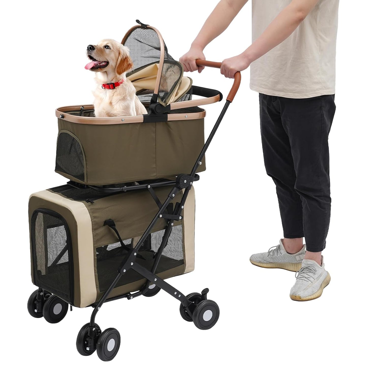 Double Pet Stroller with Detachable Carriers, Large Cat & Dog Stroller with 4 Wheels, Foldable Pet Strollers Small & Medium Dogs Cats 77lbs (Dark Green)