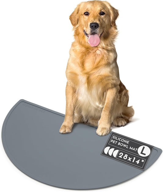 Waterproof Silicone Pet Food Mat - Non-Slip Spill-Proof Feeding Mats for Floors, Raised Edge Design, Easy-to-Clean Rubber Mat for Dog & Cat Bowls, 28" Across x 14" Deep, Large-Charcoal