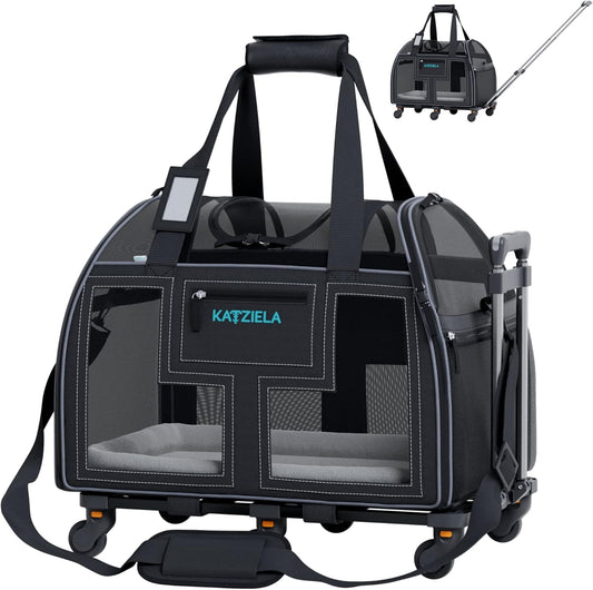Airline Compliant Pet Carrier - Rolling Portable Travel Carry Crate for Small Dog, Puppy or Cat - Soft Removable Wheeled Design with Mesh Window Sides - Airplane and TSA Compliant- by Katziela