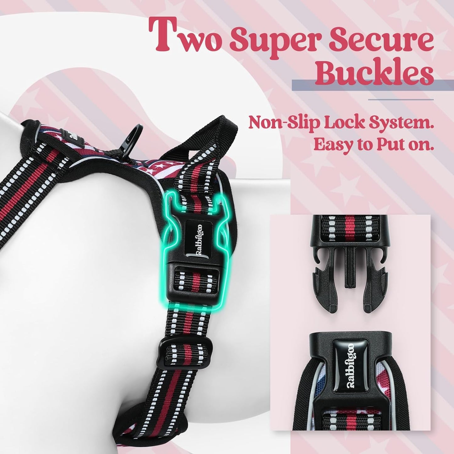 rabbitgoo Dog Harness No Pull with 2 Leash Clips, Adjustable Soft Padded, Reflective Oxford No Choke Pet Vest with Easy Control Handle for Large Dogs, Red Stripe, M