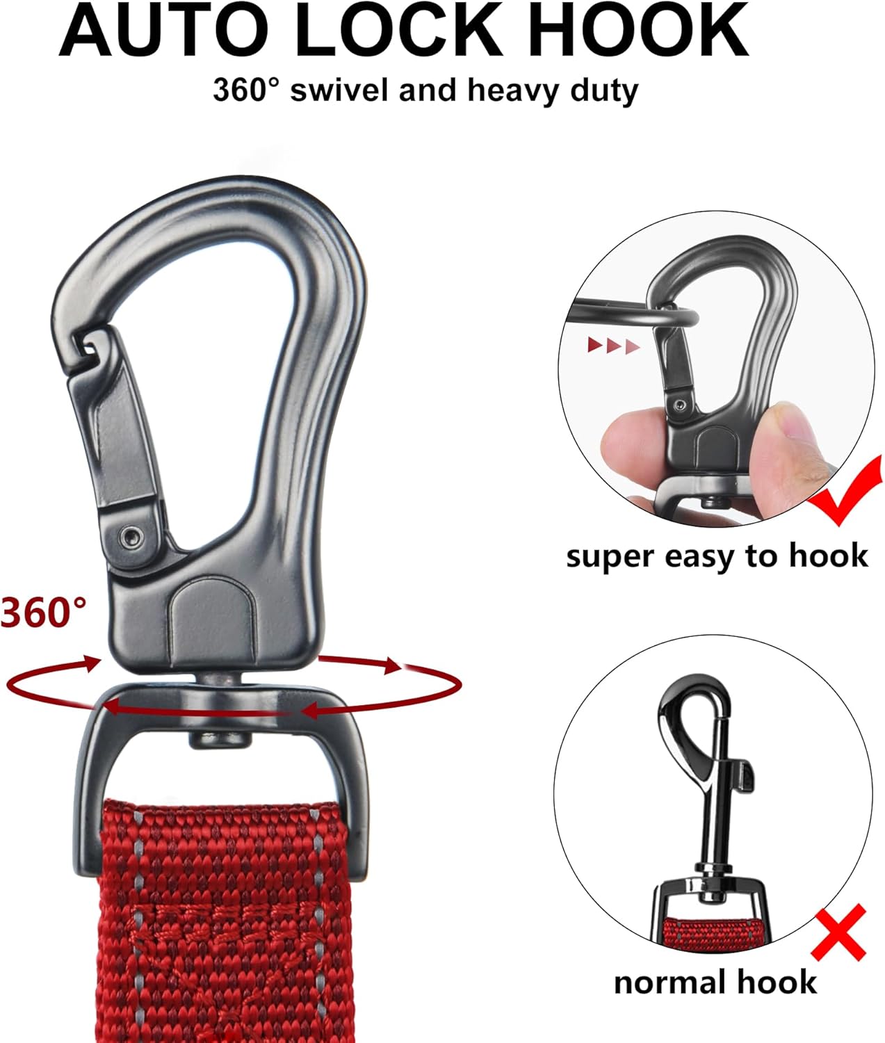 TwoEar 6FT 1IN Strong Red Dog Leash with 2 Padded Handles, Traffic Handle Extra Control, Comfortable Soft Dual Handle, Auto Lock Hook, Reflective Walking Lead for Small Medium and Large Dogs