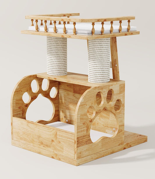 Modern Solid Wooden Cat Tree Tower, 25" Luxury Cats Trees Condo with Scratching Post, 2 Level Heavy Duty for Cat Tower Indoor Cats Adults, Natural Cats Tree House with Washable Cushions