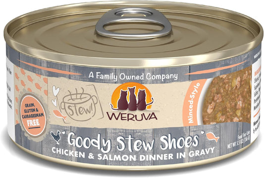 Weruva Classic Cat Stews!, Goody Stew Shoes with Chicken & Salmon in Gravy, 5.5oz Can (Pack of 8)