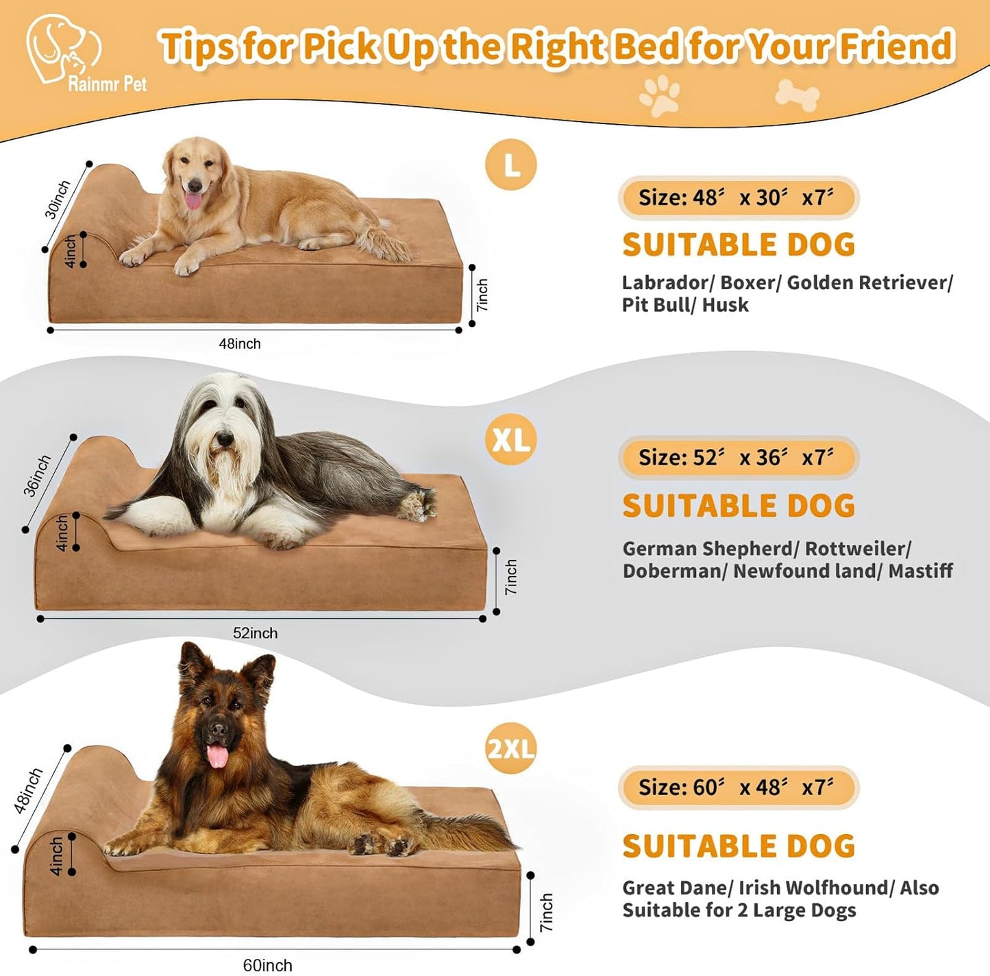 Large Orthopedic Dog Bed, 7" Memory Foam with Waterproof Liner, Chew Resistant Microsuede Cover, Removable and Washable, for Indoor, Outdoor, and Car Use, Nonskid Base, 60"x48" XXL Khaki