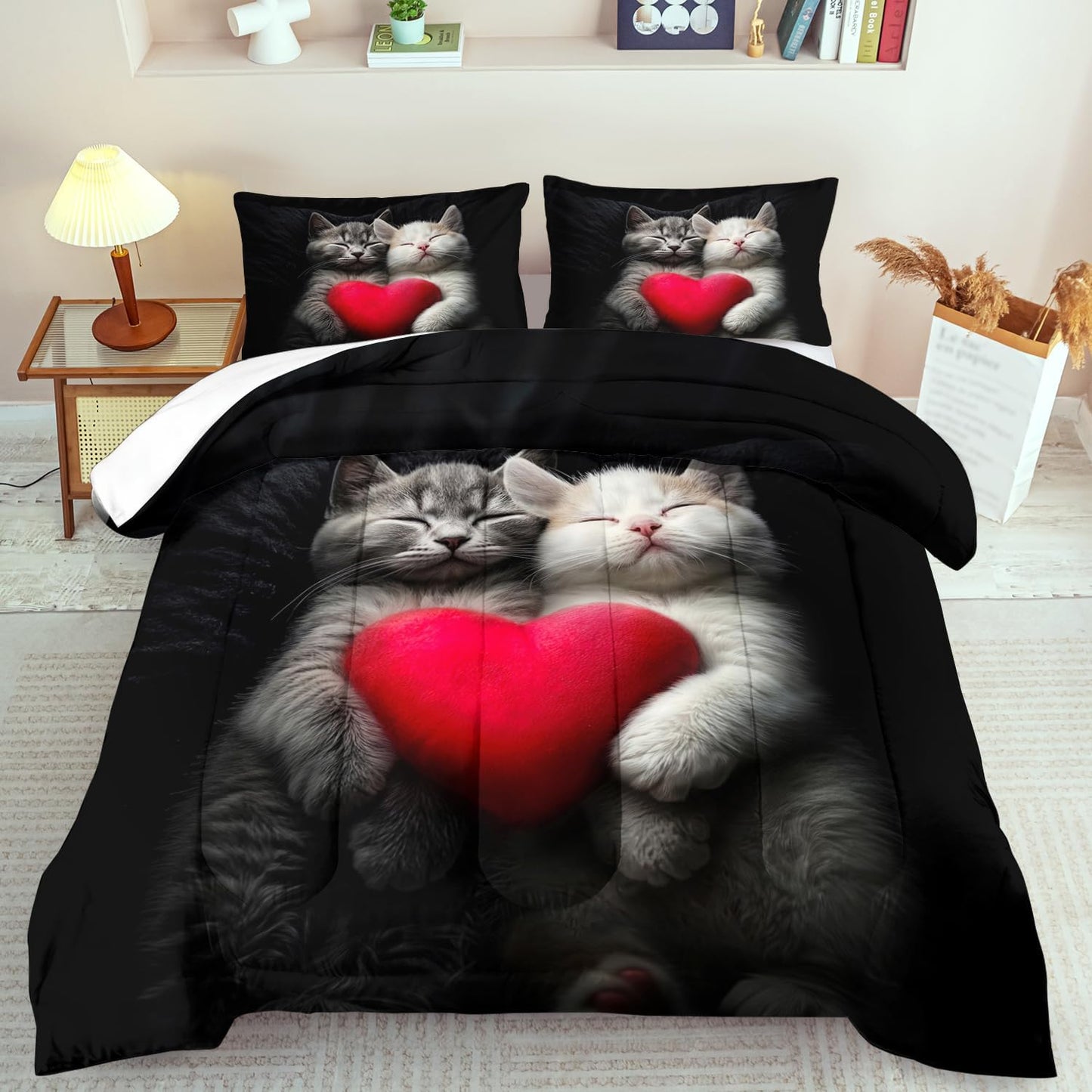 Cute Cat Comforter Set King,Kawaii Cat Bedding Set for Girls,Cute Animal Comforter Red Love Heart Bedding Decor,Kawaii Farm Animal Quilt Patterns Kids and Adults