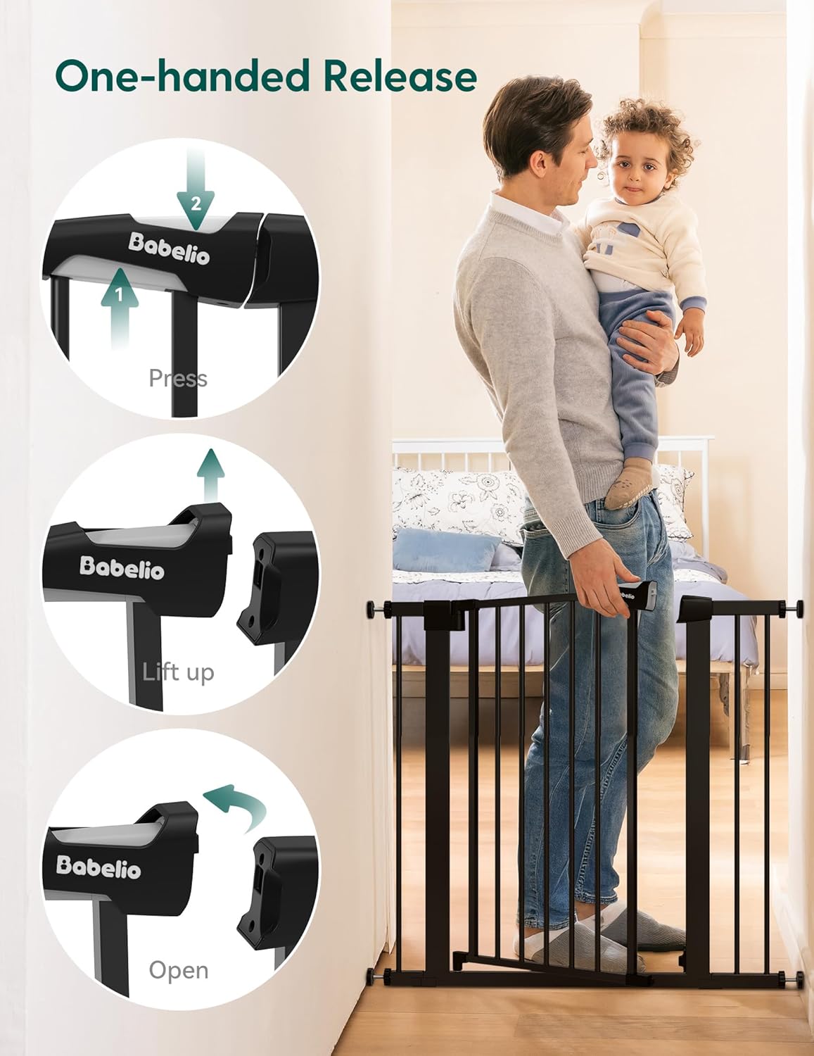 BABELIO 36" Tall Baby Gate, 29-48" Auto-Close & Pressure Mounted, Black Steel Dog Gate for Stairs & Doorways