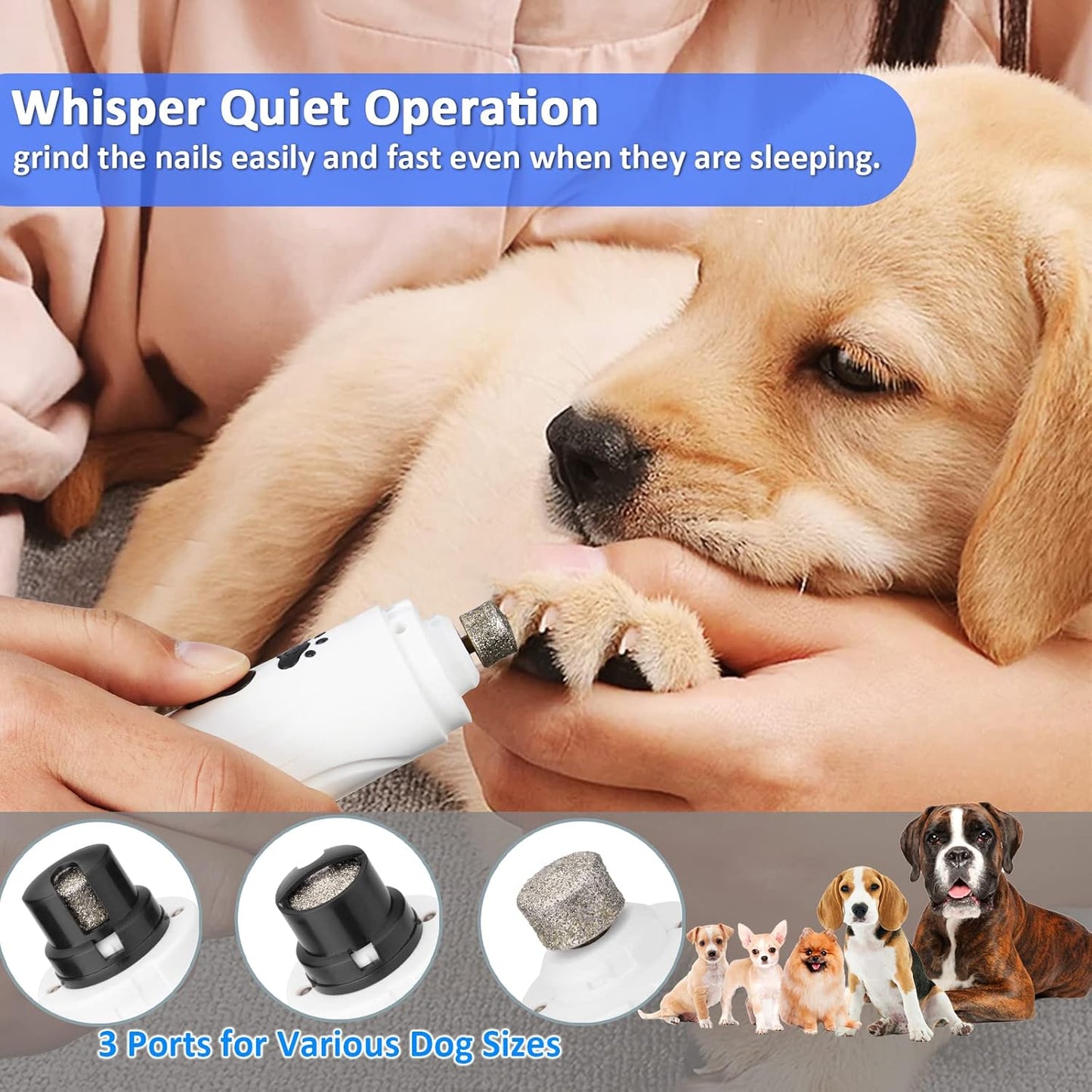 YABIFE Dog Nail Trimmers and Dog Nail Clippers Kit, Whisper Quiet Electric Grinder with Light, for Small, Medium, Large Dogs, Cats Toenail Grooming, 3 Speeds