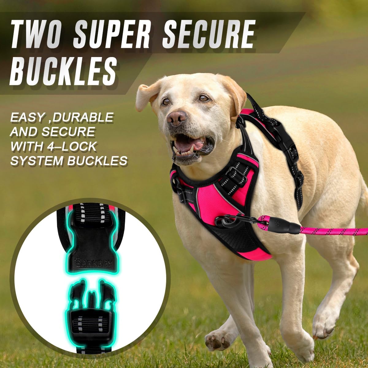 BARKBAY No Pull Dog Harness Front Clip Heavy Duty Reflective Easy Control Handle for Large Dog Walking(Pink,L)