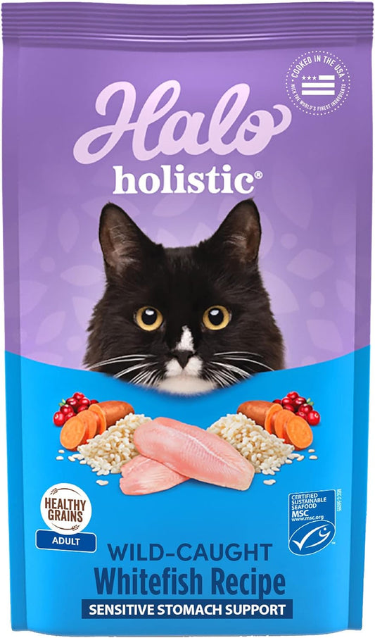 Halo Holistic Cat Food Wild Caught Salmon & Whitefish Formula, Healthy Grains Dry Cat Food, For Sensitive Stomach Support, Kibble for Adult Cats, 10 lb Bag