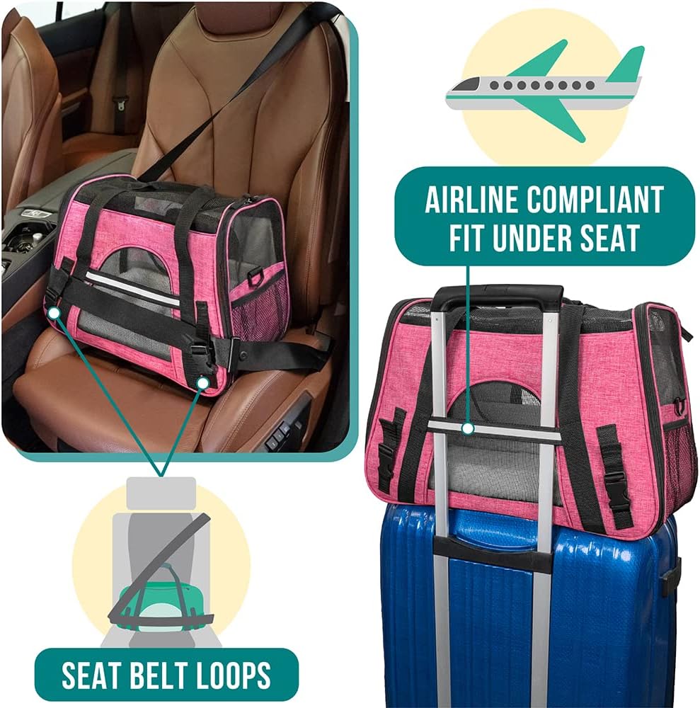 PetAmi Airline Approved Pet Carrier for Cat, Soft Sided Dog Carrier for Small Dog, Cat Travel Supplies Accessories Indoor Cat, Ventilated Pet Carrying Bag Medium Large Kitten Puppy, Small Heather Pink