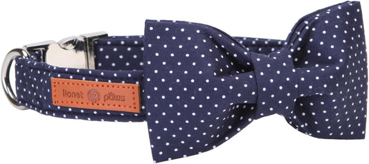 Lionet Paws Boy Dog Collar with Bowtie, Comfortable Adjustable Cute Navy Blue Bow Tie Collar for Male Puppies and Cats Gift, XS, Neck 8-12 inches