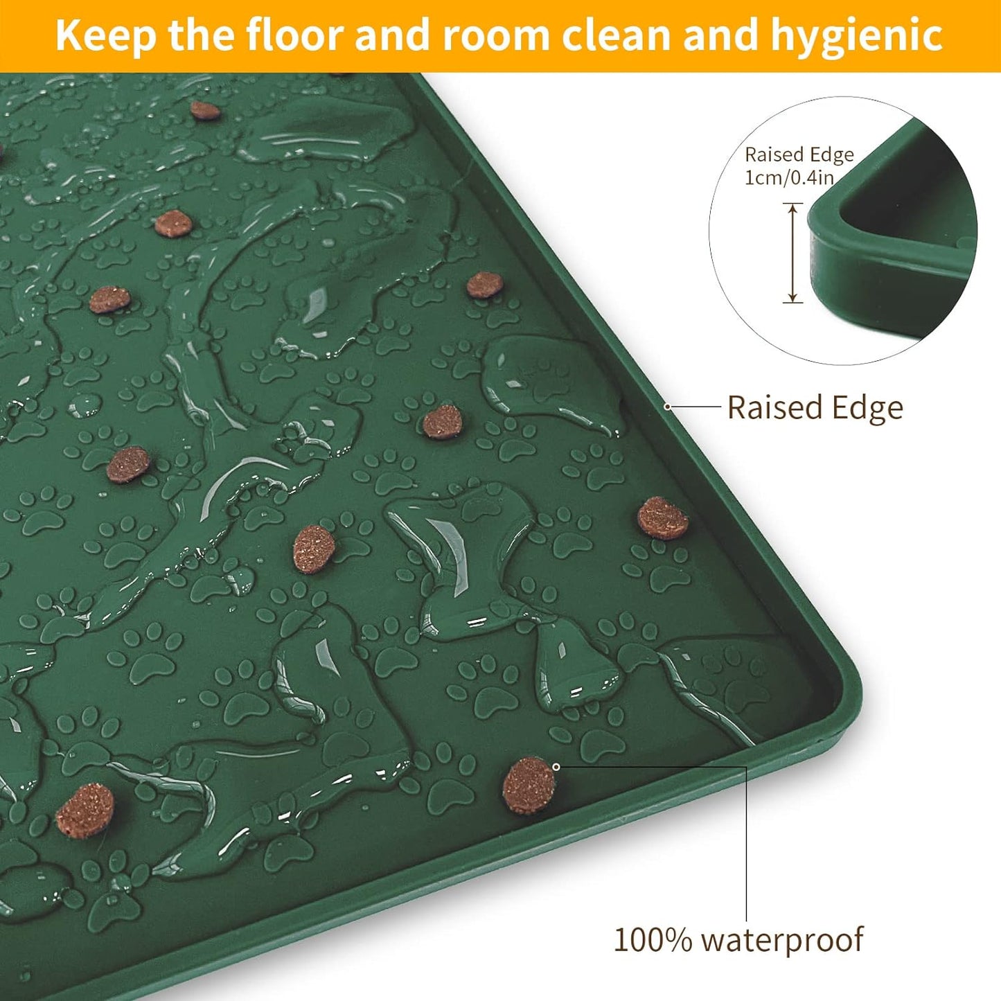 Ptlom Pet Placemat for Dog and Cat, Waterproof Silicone Pet Feeding Bowl Mats for Food and Water, Small Medium Large Dogs Mat Prevent Residues from Spilling to Floor, Hunter Green, 24.5" 16.5"