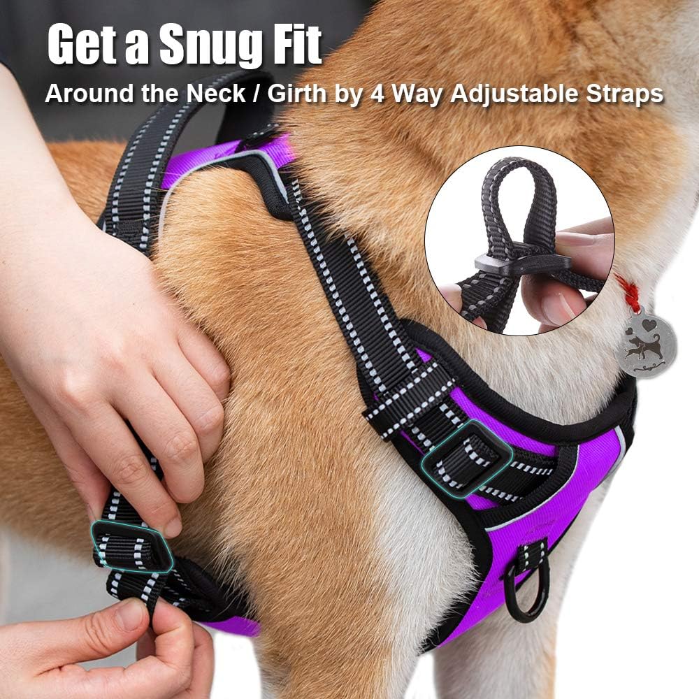 PoyPet No Pull Dog Harness, Reflective Comfortable Vest Harness with Front & Back 2 Leash Attachments and Easy Control Handle Adjustable Soft Padded Pet Vest for Small to Large Dogs (Purple,S)