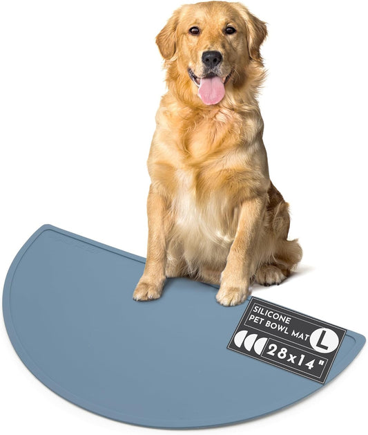 Waterproof Silicone Pet Food Mat - Non-Slip, Spill-Proof Feeding Mat for Floors, Raised Edge Design Easy-to-Clean Rubber Mat for Dog & Cat Bowls, 28" Across x 14" Deep, Large-Ocean Blue