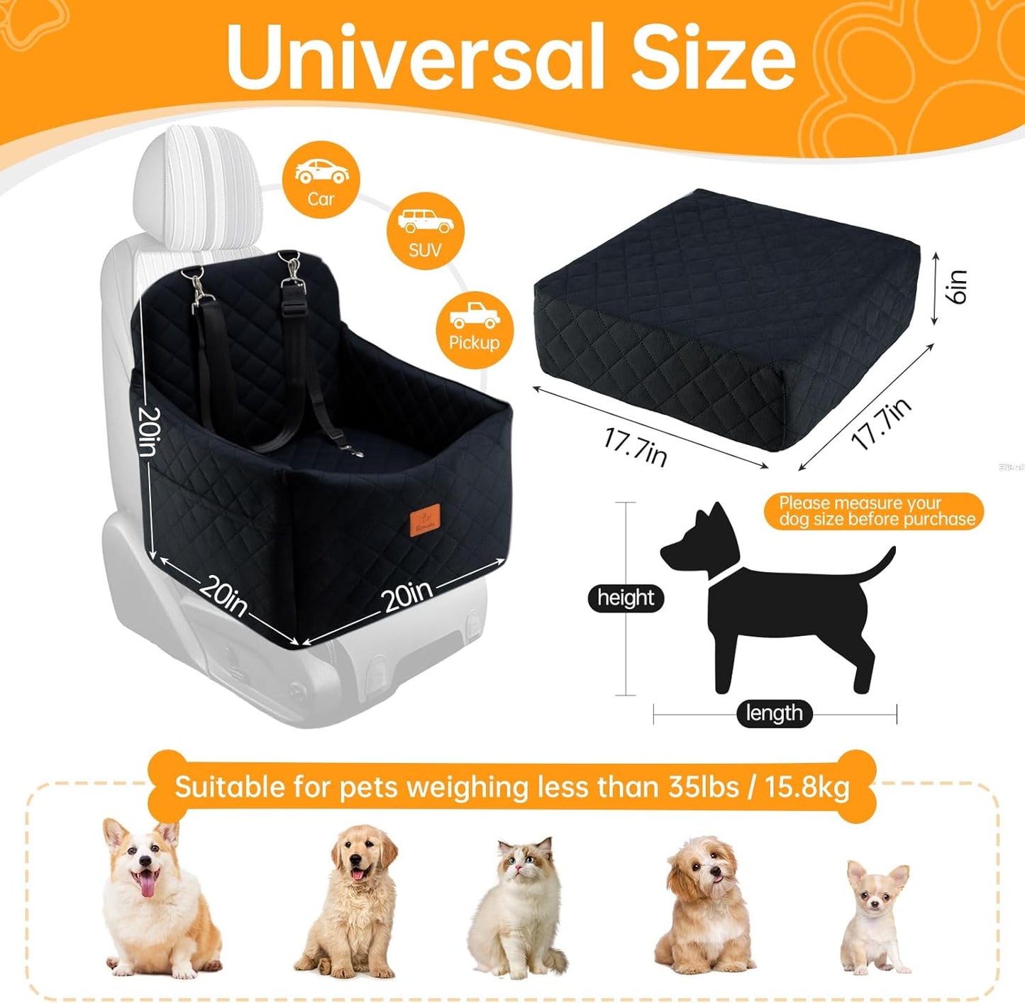 Dog Car Seats for Small Dogs, FurFrolic Memory Foam Dog Booster Seat for Small/Medium Dogs up to 35 lbs, Travel Pet Car Seat with Washable Detachable Cover, Storage Pockets, 2 Safety Belts (Black)