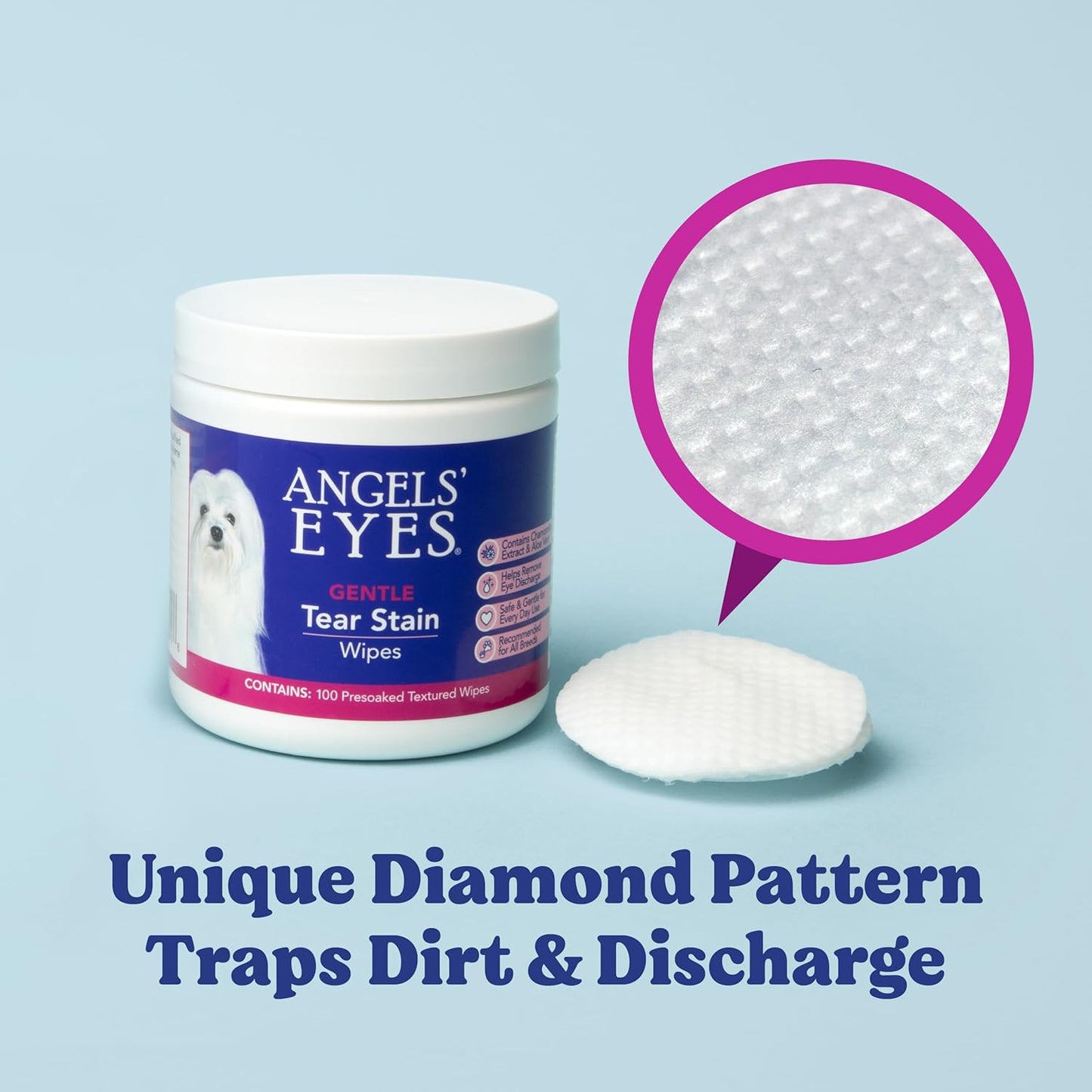 ANGELS' EYES Gentle Tear Stain & Pet Eye Wipes for All Dogs & Cats Textured Grooming Wipes Remove Discharge & Mucus, Reduce Tear Stains, Hypoallergenic with Aloe & Chamomile, 100ct