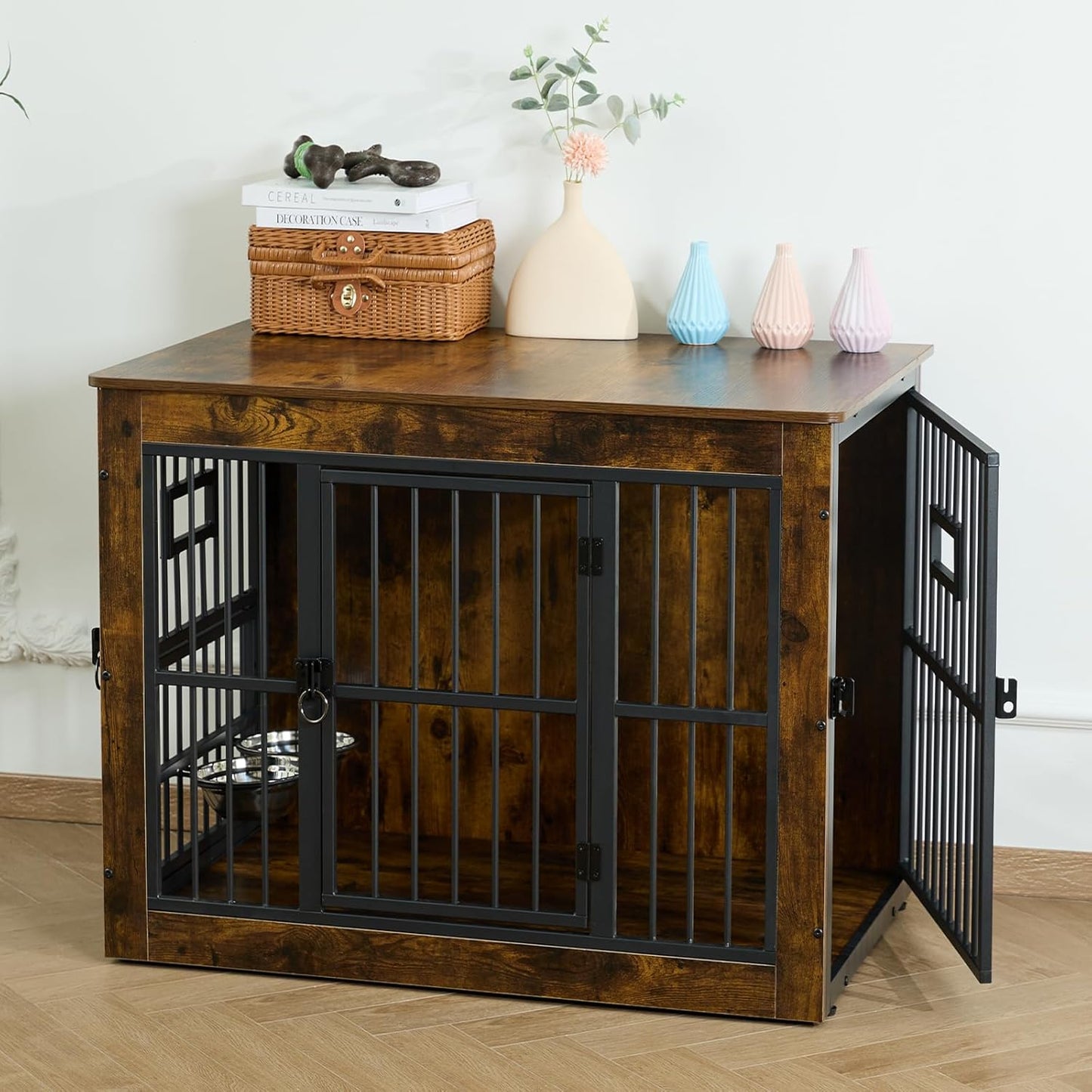 Gardner Pet Dog Crate Furniture for Medium Dogs, 32.7 Inch Dog Kennel Indoor, Wooden Dog Cage End Table with 2 Removable Bowls, Heavy Duty Dog Crate, Rustic Brown