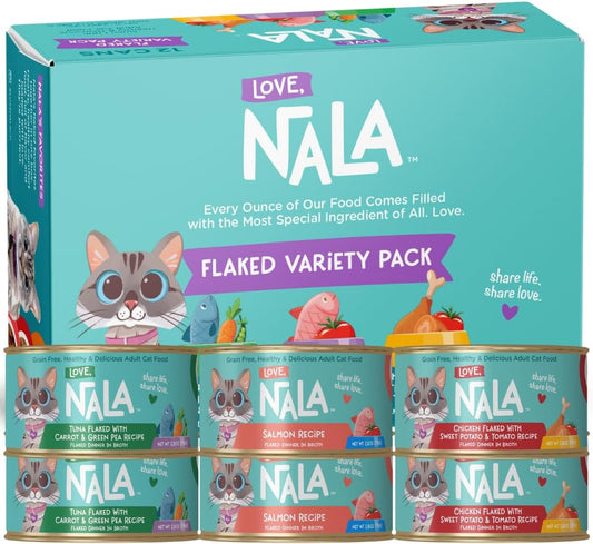 LOVE, NALA - Natural Adult Cat Wet Food - FLAKED Variety Pack - Salmon, Tuna, Chicken - Grain Free, Non-GMO, Lean Protein, Omega 3, Digestive Fiber Blend, Added Minerals & Vitamins - 12 Pack