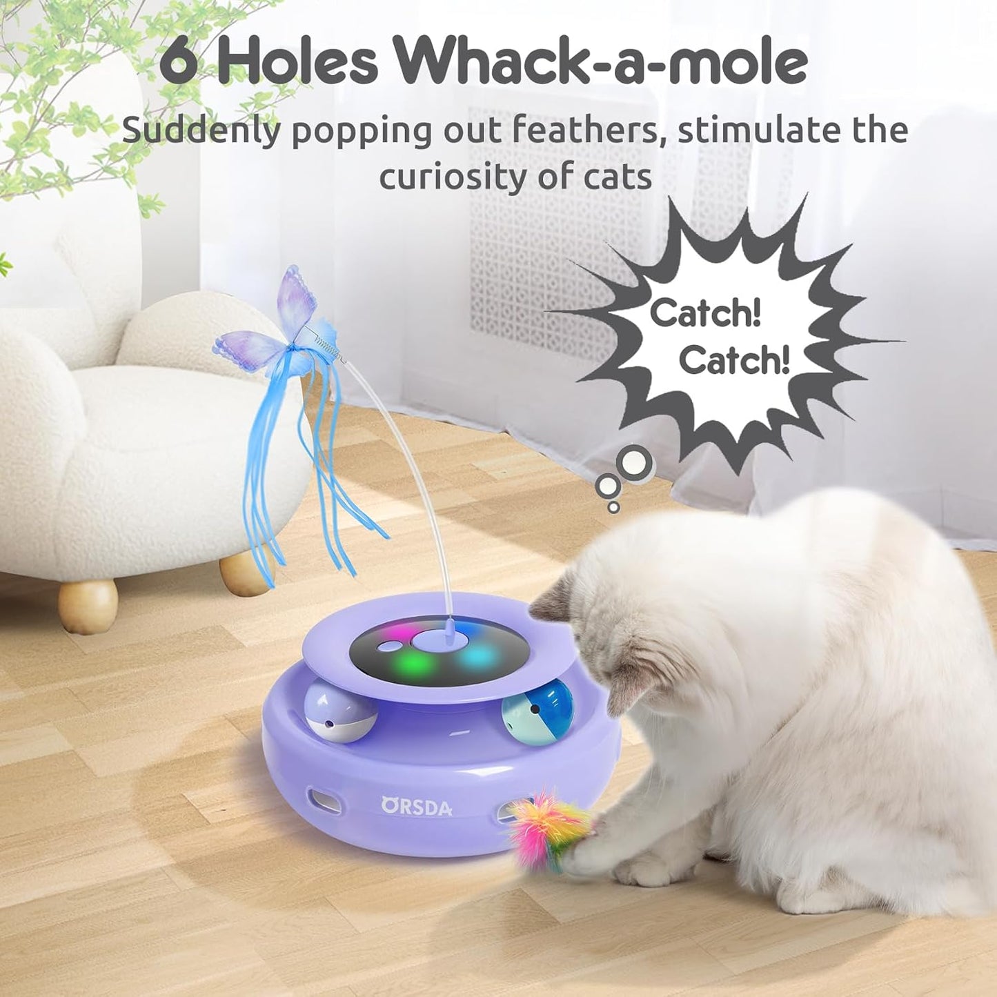 ORSDA Cat Toy, 3-in-1 Automatic Interactive Electronic Moving Ambush Feather, Fluttering Butterfly, Track Balls, USB Rechargeable Powered Smart Indoor Exercise Kicker