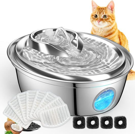ORSDA Cat Water Fountain Stainless Steel 67oz/2L, Automatic Pet Drinking Fountain with Water Level Window, Dog Water Bowl for Cats and Small Dogs- 12Pcs Filters (D36)