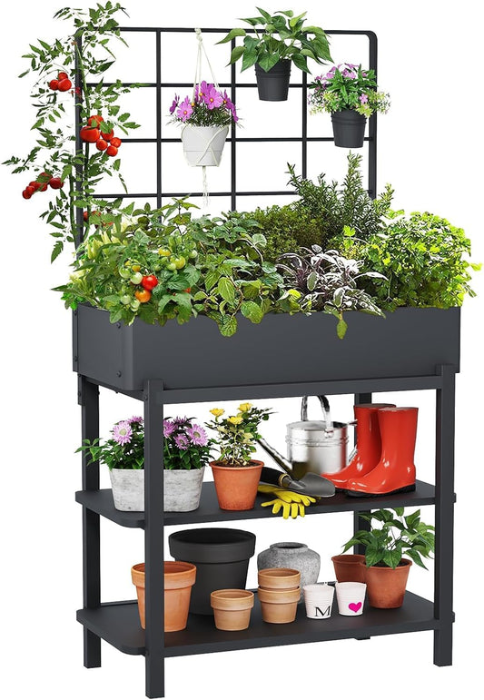 Metal Raised Garden Bed with Trellis, Elevated Planter Box with Legs for Outdoor Patio, Iron Standing Garden Box for Vegetables, Herbs, Flowers, Climbing Plants