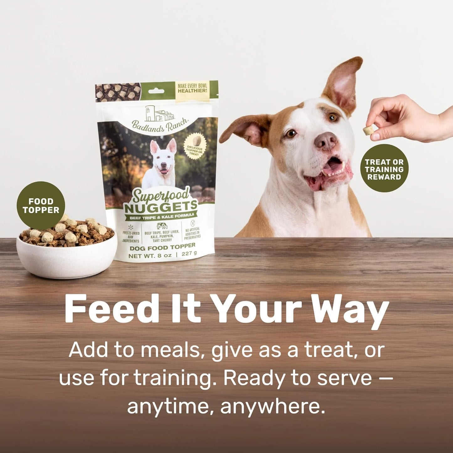 BADLANDS RANCH Superfood Nuggets- Premium, Freeze-Dried raw Dog Food Topper or Treat. Powerful Nutrient-Dense Ingredients. No Artificial additives. Beef Tripe and Kale Formula 8oz - 4pk Bundle