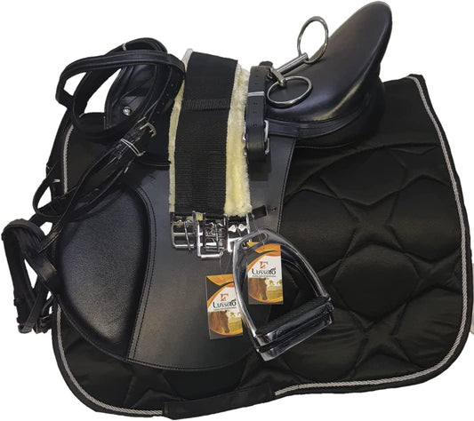 Leather English Riding Horse Black Saddle Starter Kit for Horse Riding Gift Set English Jumping Saddle 7 Pcs Combo Pack