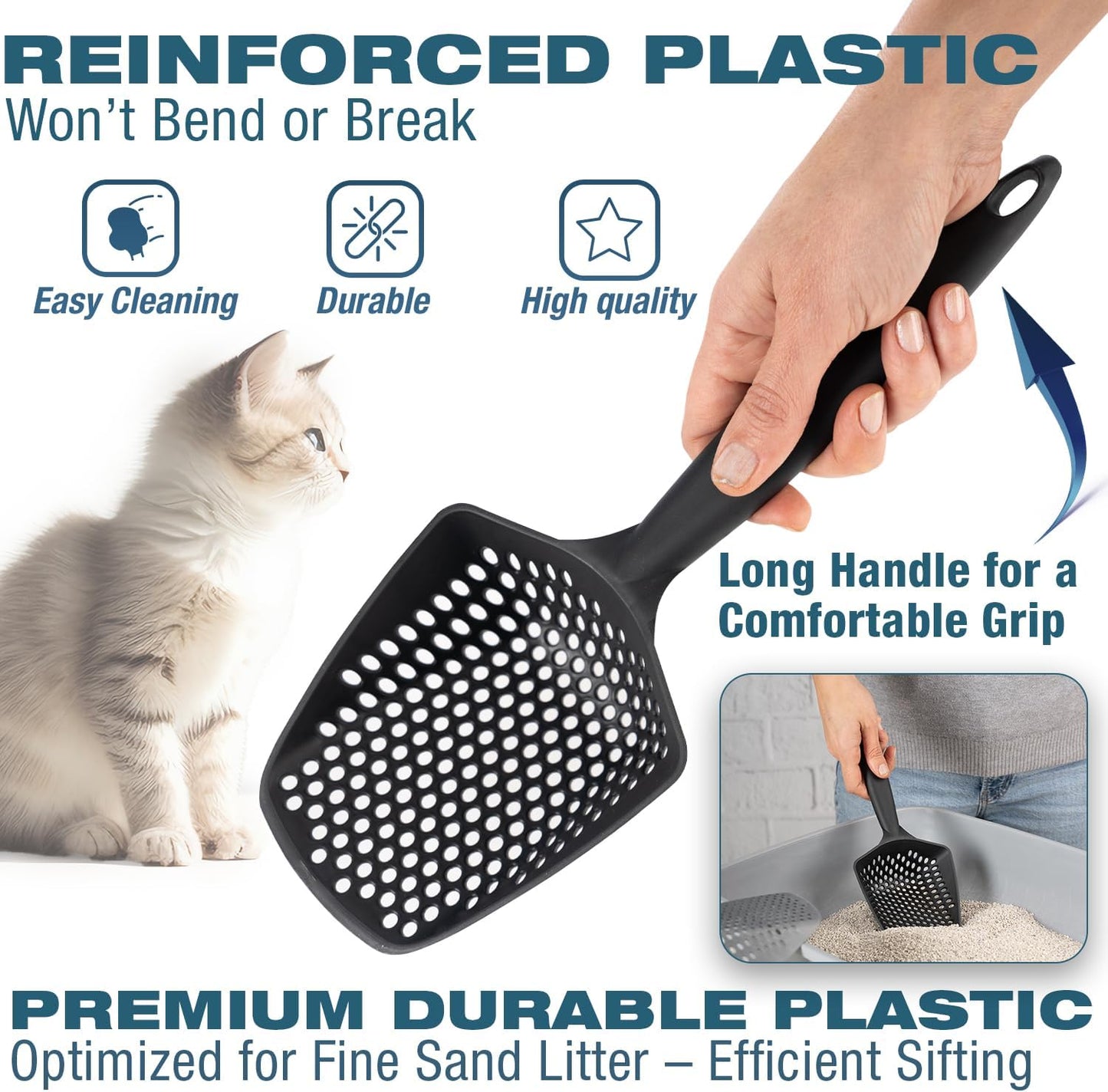 Set of 1 Cat Litter Scoop with Small Holes, Deep Sifting Shovel for Fine Litter, Reptile Terrarium Sand & Rabbit Pooper Lifter, Hanging Handle Poop Scooper (Gray, Set of 1)