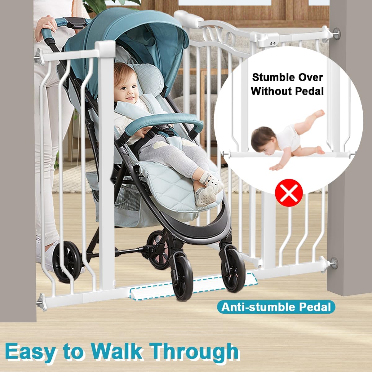 29.9-43.7 in Wide Baby Gate for Stairs Doorways, Auto Close Child Safety Gates Indoor for Dogs Pets, Pressure Mounted Metal Barrier Kids Toddler Door Walk Through, 30" Tall, White