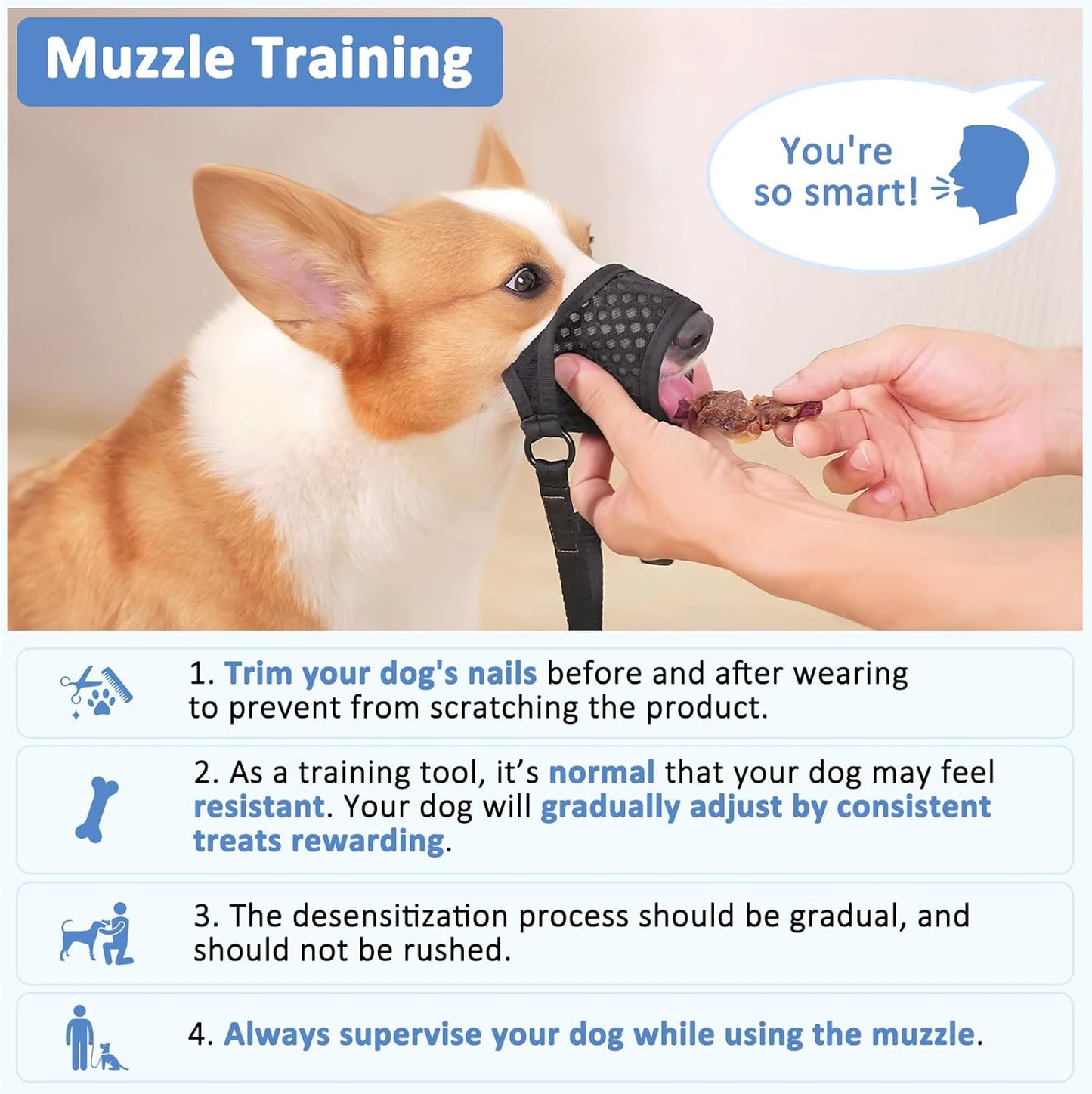 LUCKYPAW Soft Muzzle for Medium Large Sized Dogs Beagle Labrador German Shepherds, Dog Muzzle to Prevent Biting Chewing, Adjustable Breathable Mouth Guard for Grooming Walking Training(Blue, L)