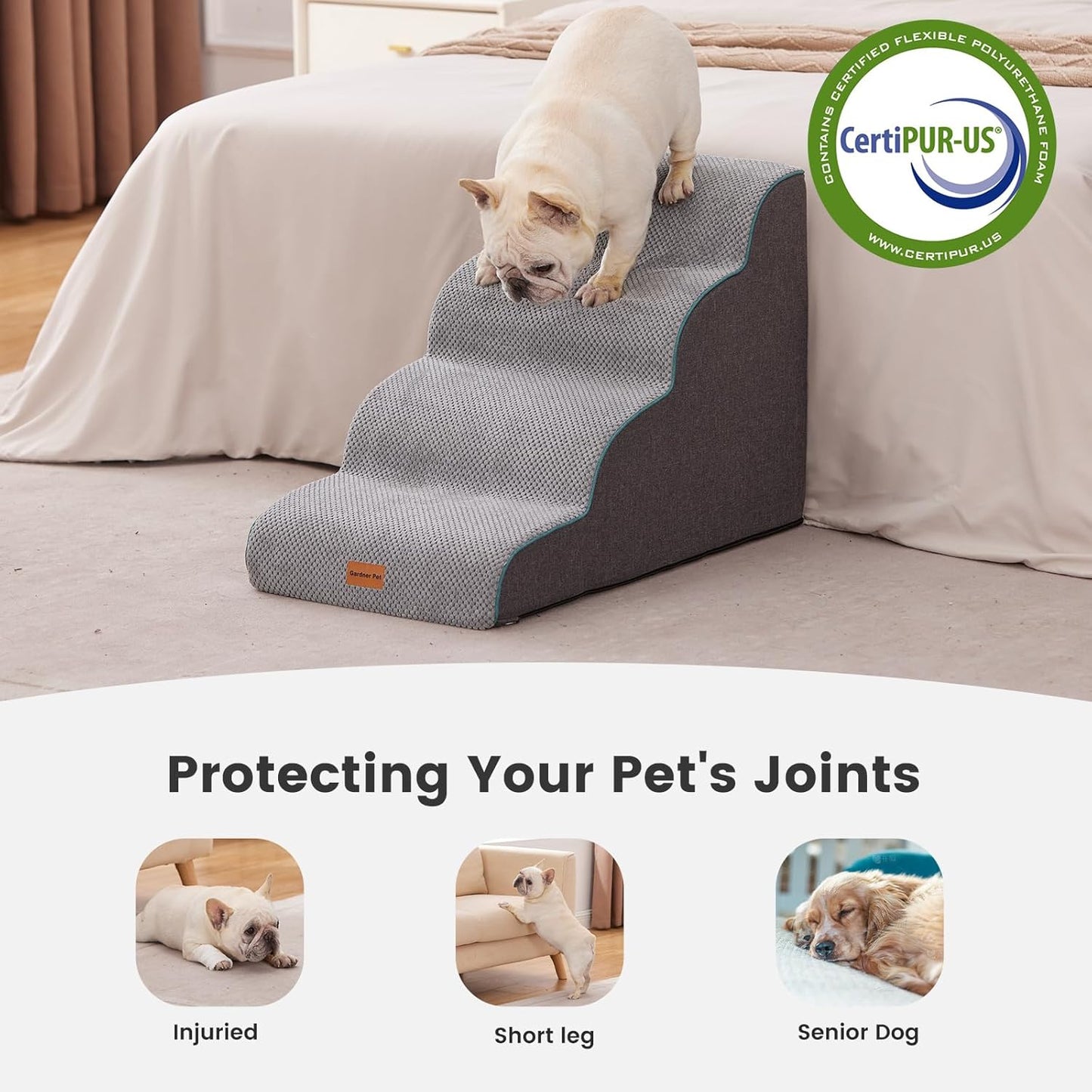 Gardner Pet Dog Stairs for Small Dogs 19.7" H, Curved 4-Step Pet Stairs, Dog Steps for High Bed (18-24 in), Couch with Durable Non-Slip Waterproof Fabric Cover and CertiPUR-US Certified Foam