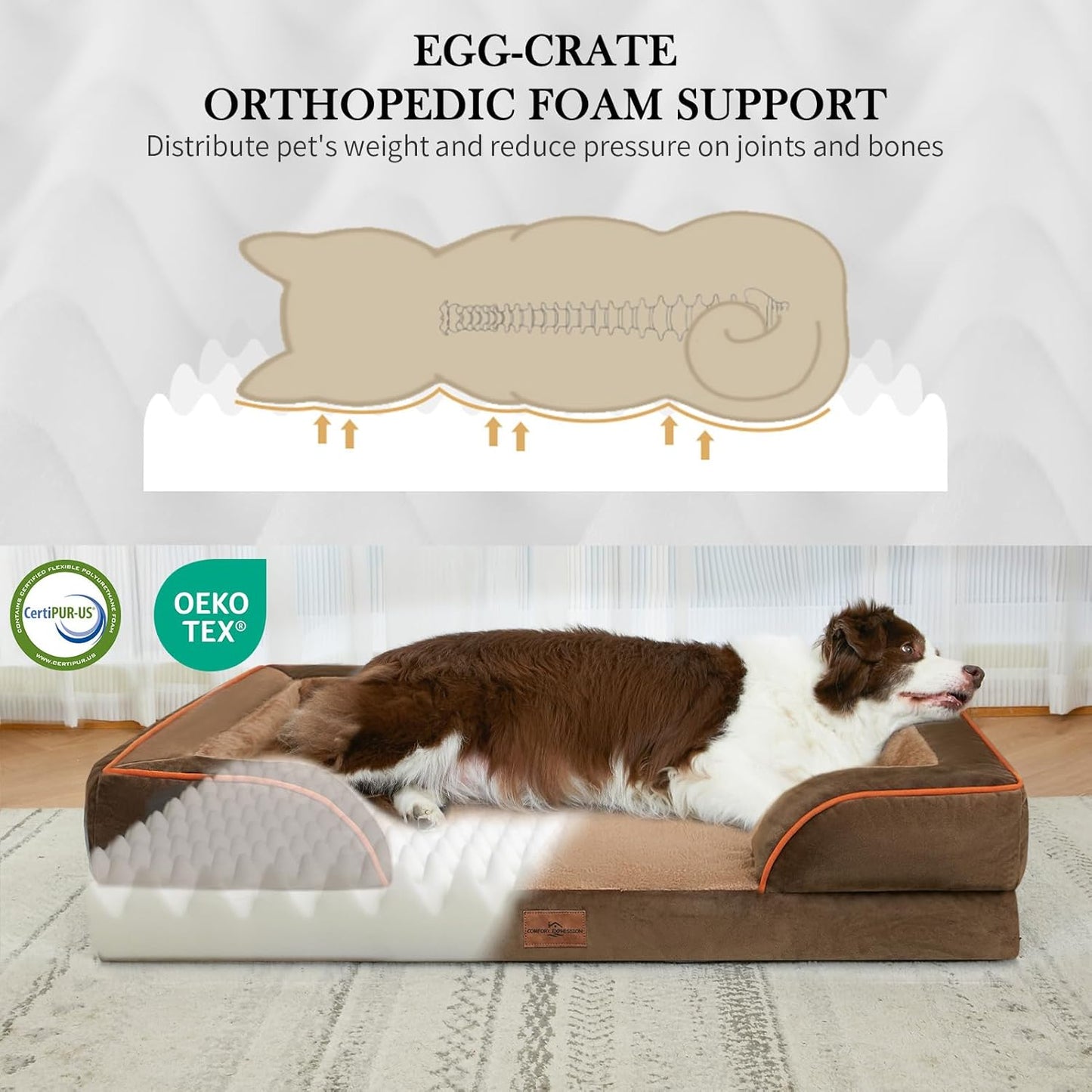 Comfort Expression Jumbo Dog Bed for Extra Large Dogs, Waterproof Orthopedic Dog Beds, PV Washable Sofa Bed, Large Breed Dogs Beds with Removable Cover & Non-Slip Bottom(Jumbo,Brown)
