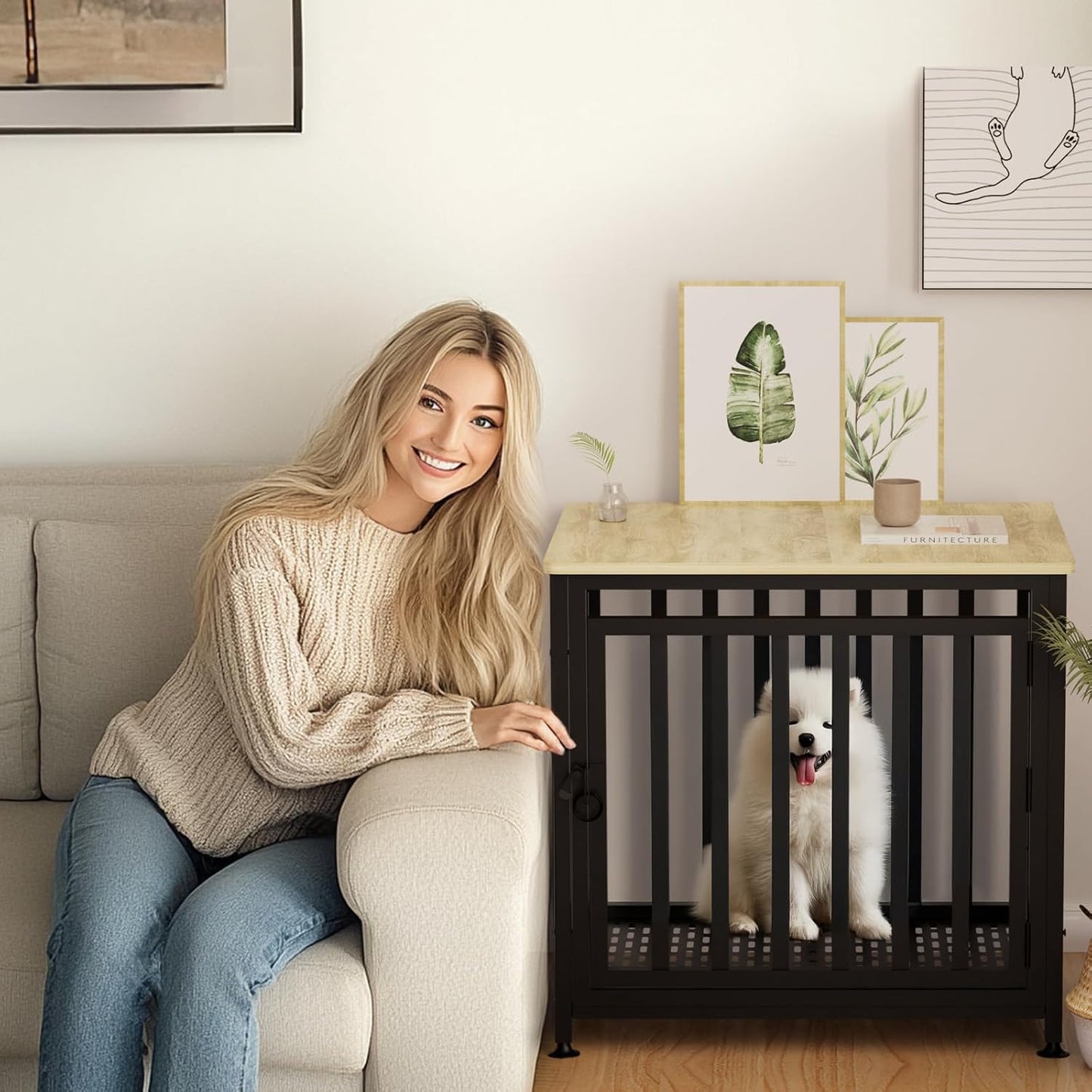 Heavy Duty Dog Crate Furniture, Dog Kennel Indoor, Anti-Chew Anti-Escape End Side Table Wooden Dog Crate for Small Dog（Fir Green）