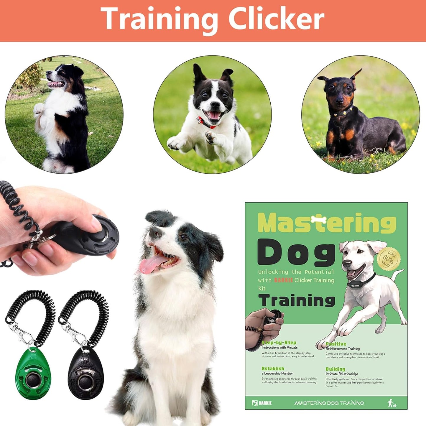 BARKIE Dog Training Kit - Treat Pouch, Pet Training Fanny Pack, 2 Puppy Training Clickers, Ultrasonic Silent Whistle, 2-in-1 Whistle Clicker, Clicker Training Guide Booklet, Dog Poop Bag (Grey)