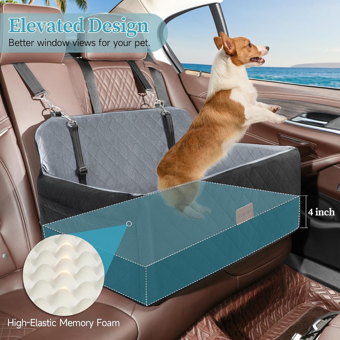 Dog Car Seat for Medium/Large Dogs, Pet Booster Seat for Under 55 lbs or 2 Small Dogs, Detachable & Washable Dog Car Bed for Backseat with 2 Safety Leashes (Black/Grey)