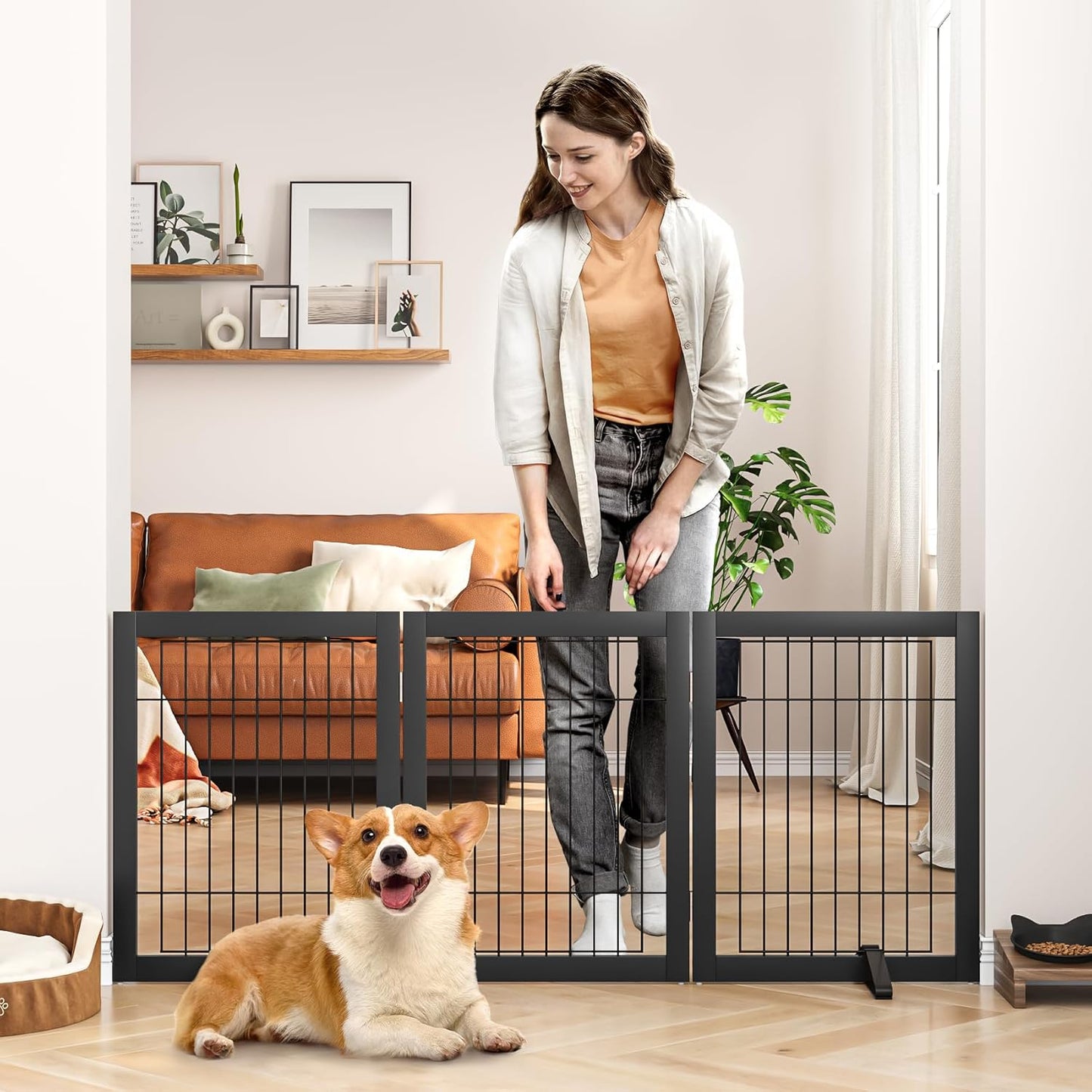 Wire Dog Gate Indoor, Dog Gates for Doorways, Stairs, 24-Inch Tall Freestanding Pet Gates for Dog, Puppy Fence (3 Panel, Black)
