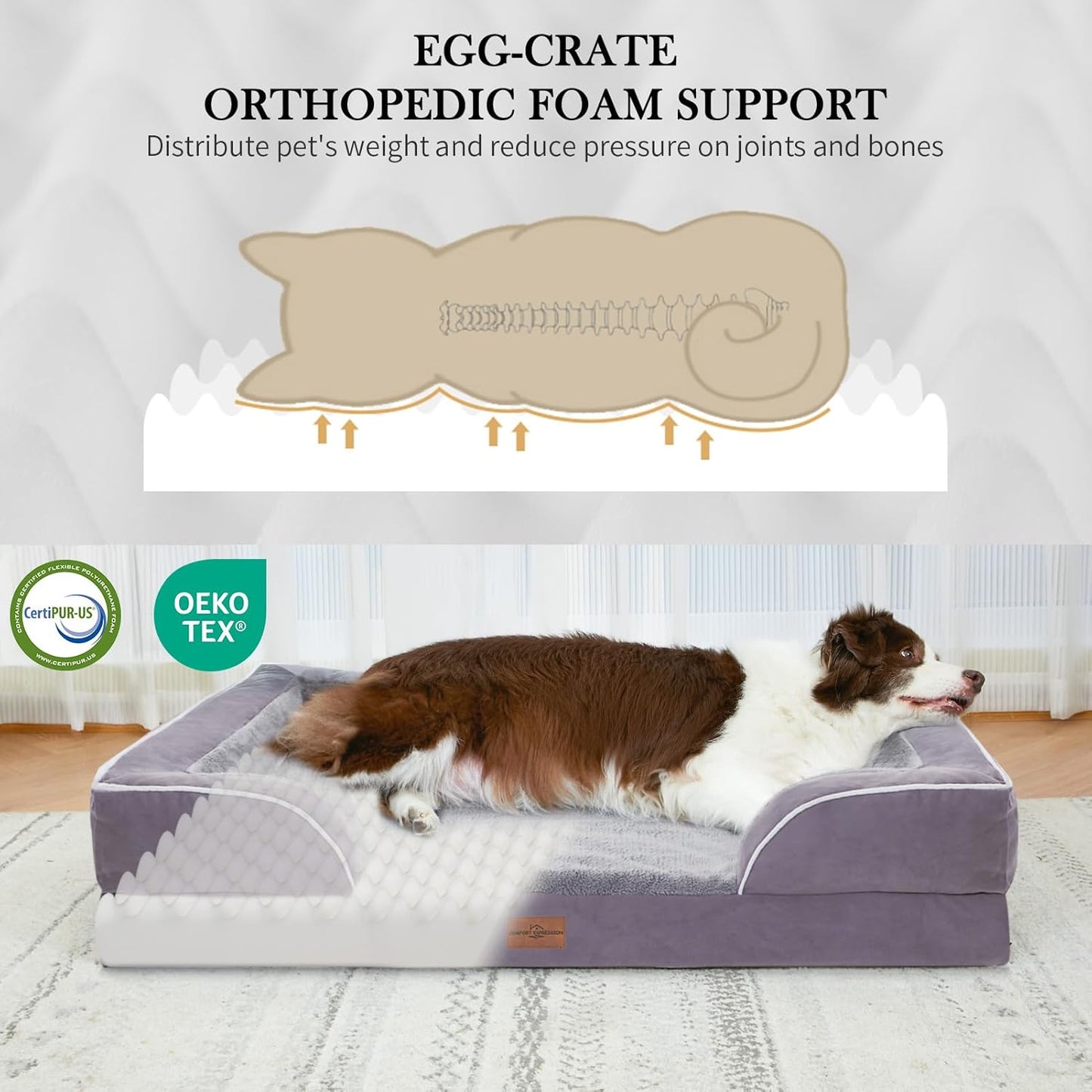 Comfort Expression Waterproof XL Dog Bed Orthopedic Foam Dogs Beds, Extra Large Dogs Bed with Bolster, Washable Dog Sofa Pet Beds with Removable Cover & Non-Slip Bottom(X-Large,Purple)