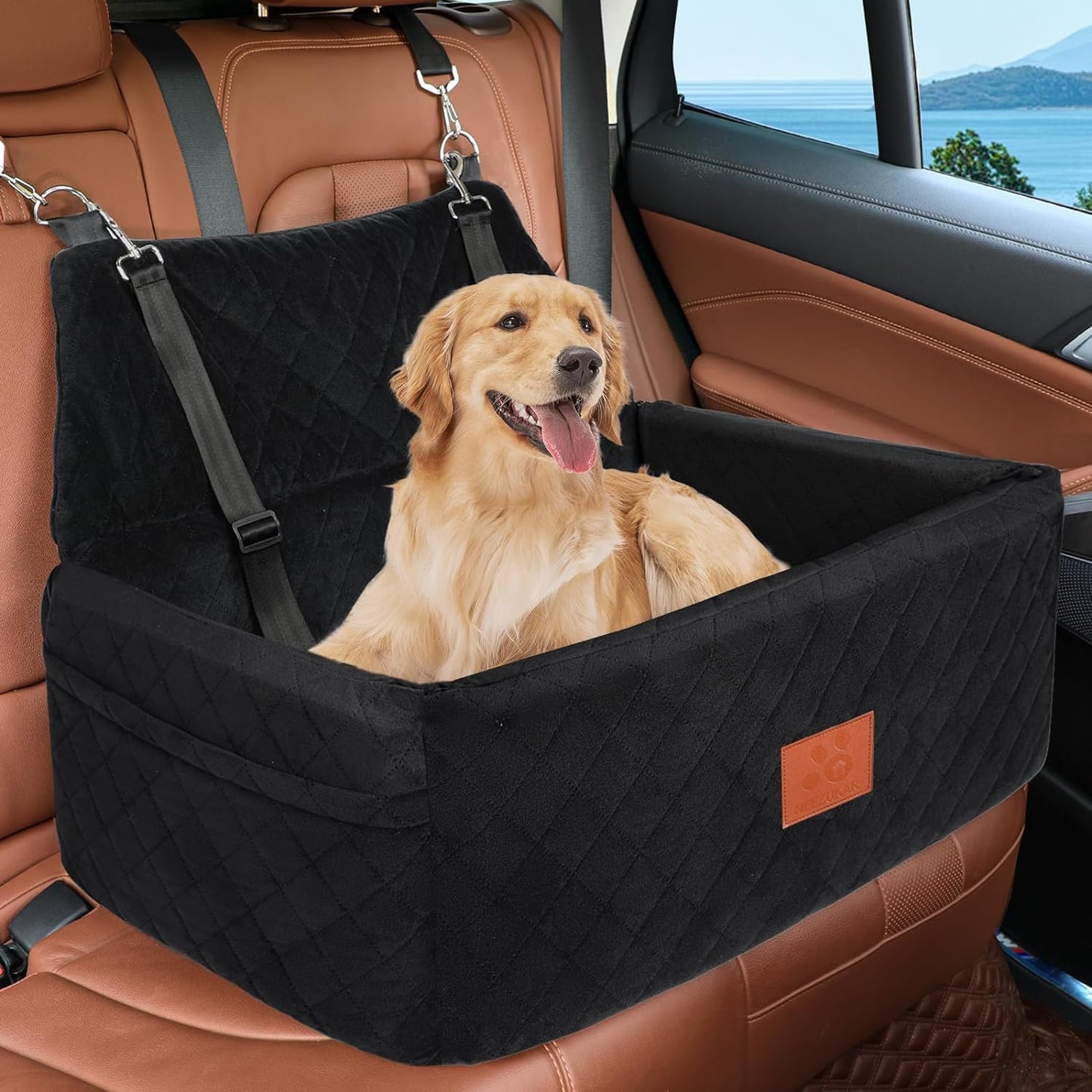 Dog Car Seat for Large Medium Dogs,Portable Washable Pet Car Seat Under 55 lbs,Dog Booster Seat with Thick Cushion,2 Safety Leashes Travel Car Dog Bed