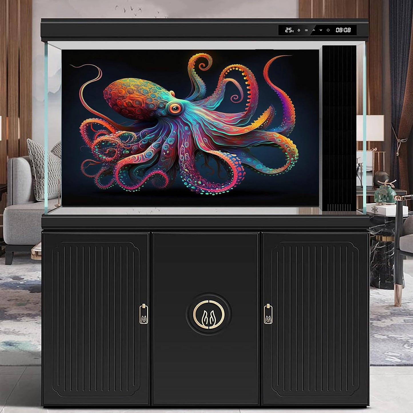 Exquisite Octopus Aquarium Background Abstract Colorful Octopus Terrarium Background Glowing Octopus on Black Background Fish Tank Backdrop Octopus Backdrops Poster Wallpaper Decors Vinyl 48x18in