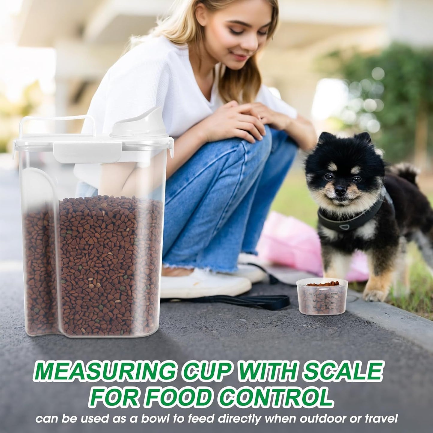 TBMax 2 Pack Cat Dog Food Storage Containers 10 to 14 Lbs, Portable Travel Pet Container Dispenser with Easy-Pouring Spout & Cup, Airtight Bird Seed Container Dog Treat Storage Bin -White