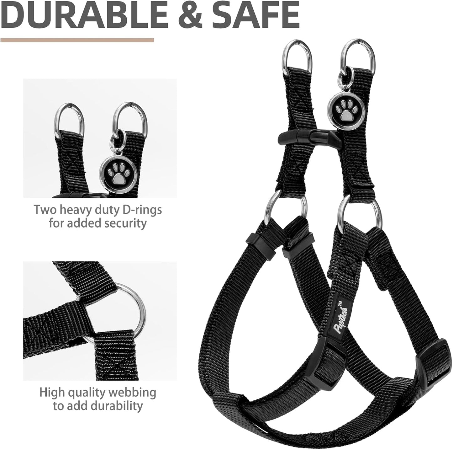 PUPTECK No Pull Dog Harness Soft Adjustable Basic Nylon Step in Puppy Vest Outdoor Walking with ID Tag and A-ir Tag Case, Black, L